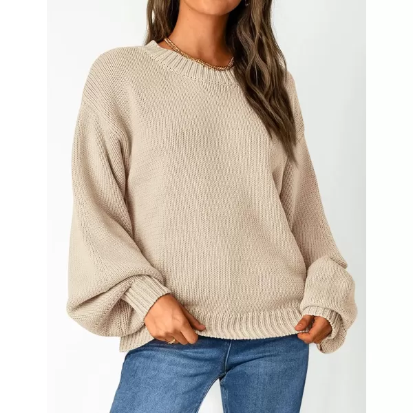 imagePRETTYGARDEN Womens 2024 Fall Chunky Knit Sweater Casual Long Lantern Sleeve Crewneck Pullover Jumper TopsBeige