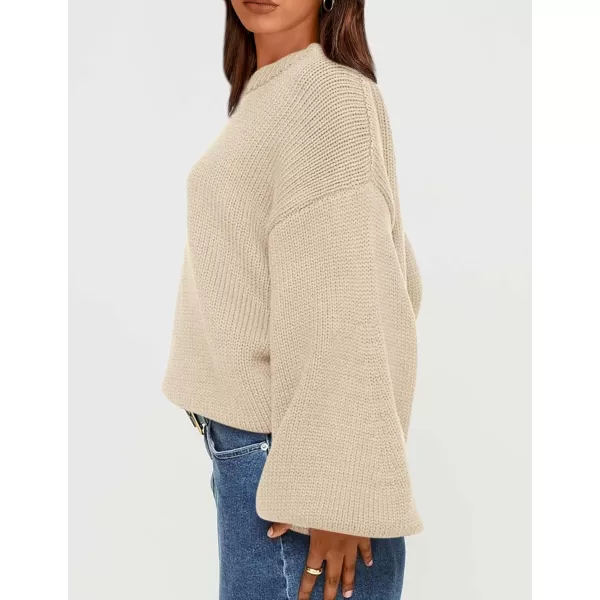 imagePRETTYGARDEN Womens 2024 Fall Chunky Knit Sweater Casual Long Lantern Sleeve Crewneck Pullover Jumper TopsBeige