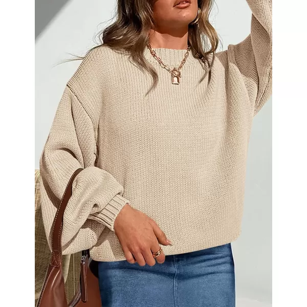imagePRETTYGARDEN Womens 2024 Fall Chunky Knit Sweater Casual Long Lantern Sleeve Crewneck Pullover Jumper TopsBeige