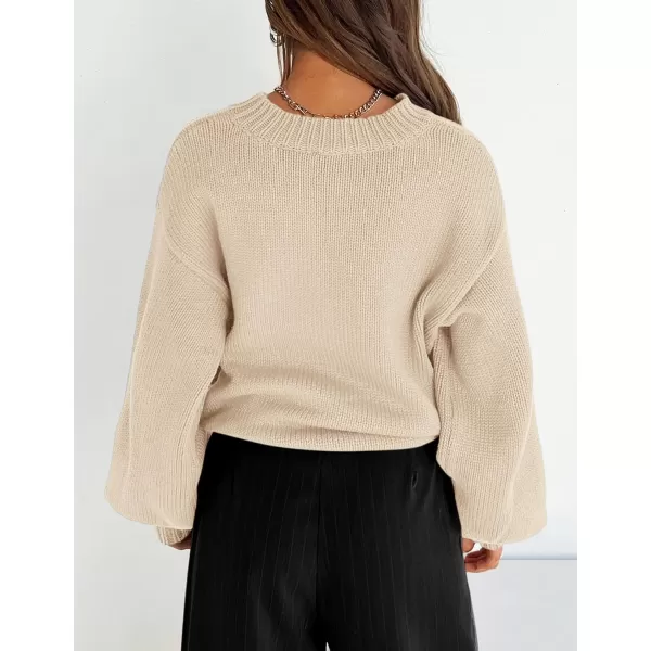 imagePRETTYGARDEN Womens 2024 Fall Chunky Knit Sweater Casual Long Lantern Sleeve Crewneck Pullover Jumper TopsBeige