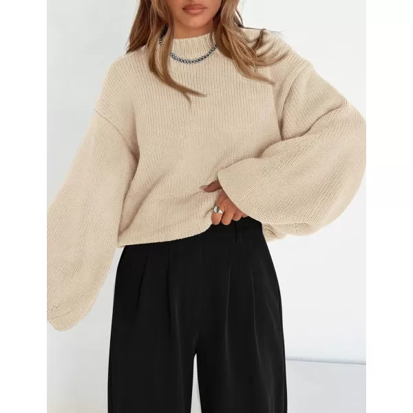 imagePRETTYGARDEN Womens 2024 Fall Chunky Knit Sweater Casual Long Lantern Sleeve Crewneck Pullover Jumper TopsBeige