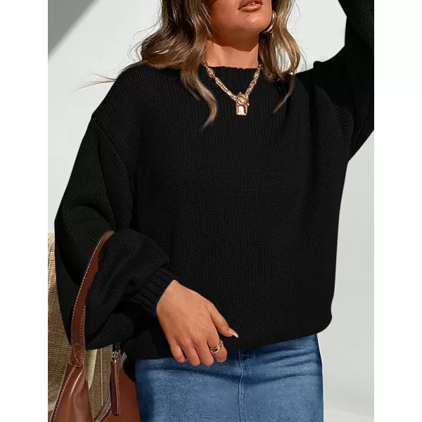imagePRETTYGARDEN Womens 2024 Fall Chunky Knit Sweater Casual Long Lantern Sleeve Crewneck Pullover Jumper TopsBlack