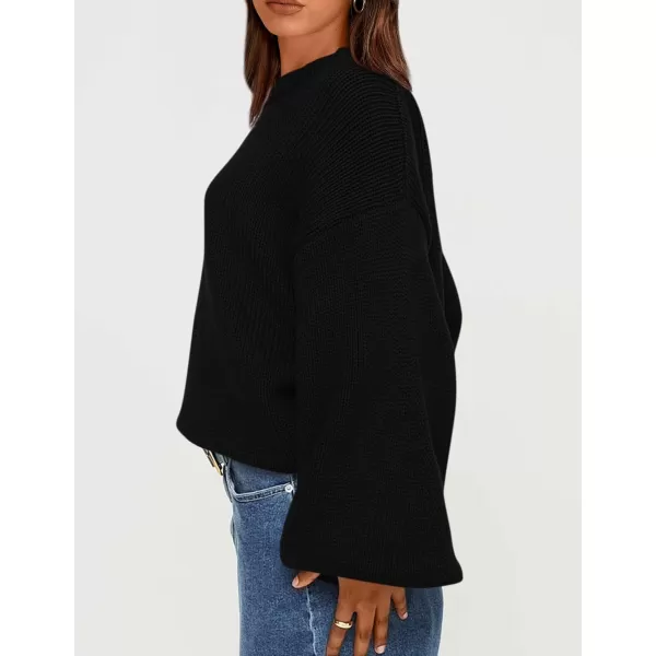 imagePRETTYGARDEN Womens 2024 Fall Chunky Knit Sweater Casual Long Lantern Sleeve Crewneck Pullover Jumper TopsBlack
