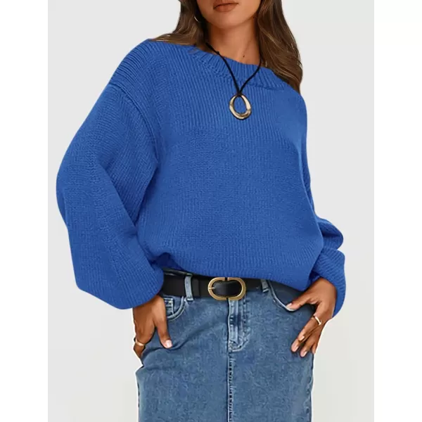 imagePRETTYGARDEN Womens 2024 Fall Chunky Knit Sweater Casual Long Lantern Sleeve Crewneck Pullover Jumper TopsBlue