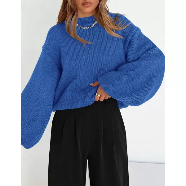 imagePRETTYGARDEN Womens 2024 Fall Chunky Knit Sweater Casual Long Lantern Sleeve Crewneck Pullover Jumper TopsBlue