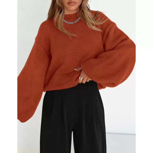 imagePRETTYGARDEN Womens 2024 Fall Chunky Knit Sweater Casual Long Lantern Sleeve Crewneck Pullover Jumper TopsBrick Red