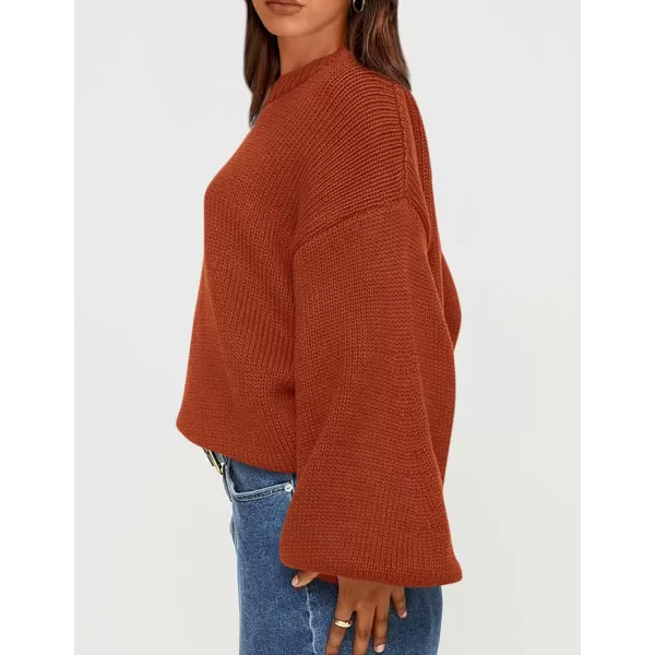 imagePRETTYGARDEN Womens 2024 Fall Chunky Knit Sweater Casual Long Lantern Sleeve Crewneck Pullover Jumper TopsBrick Red