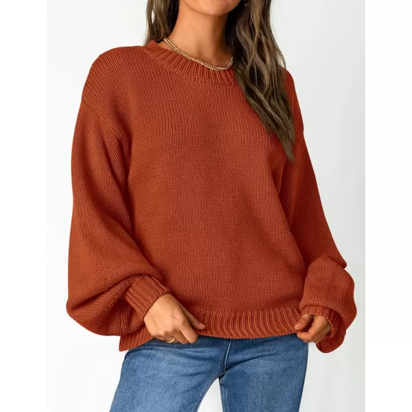 imagePRETTYGARDEN Womens 2024 Fall Chunky Knit Sweater Casual Long Lantern Sleeve Crewneck Pullover Jumper TopsBrick Red