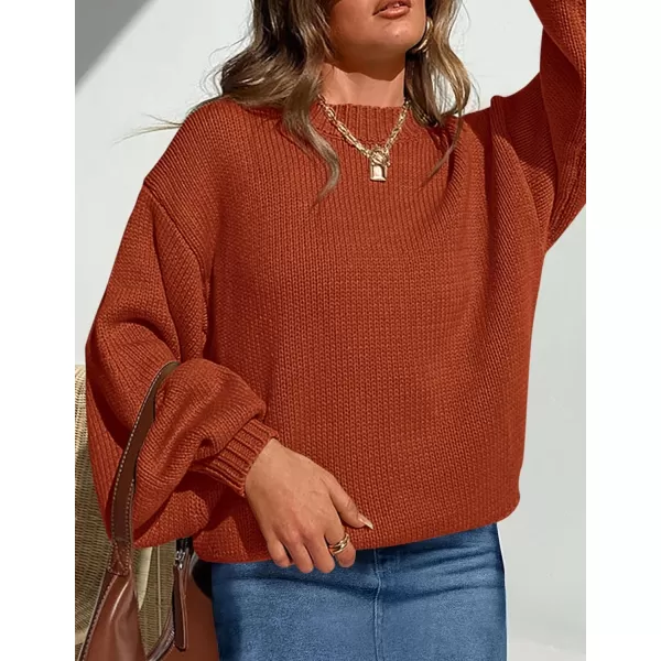 imagePRETTYGARDEN Womens 2024 Fall Chunky Knit Sweater Casual Long Lantern Sleeve Crewneck Pullover Jumper TopsBrick Red