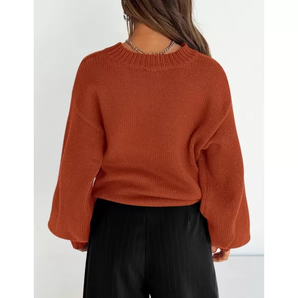 imagePRETTYGARDEN Womens 2024 Fall Chunky Knit Sweater Casual Long Lantern Sleeve Crewneck Pullover Jumper TopsBrick Red