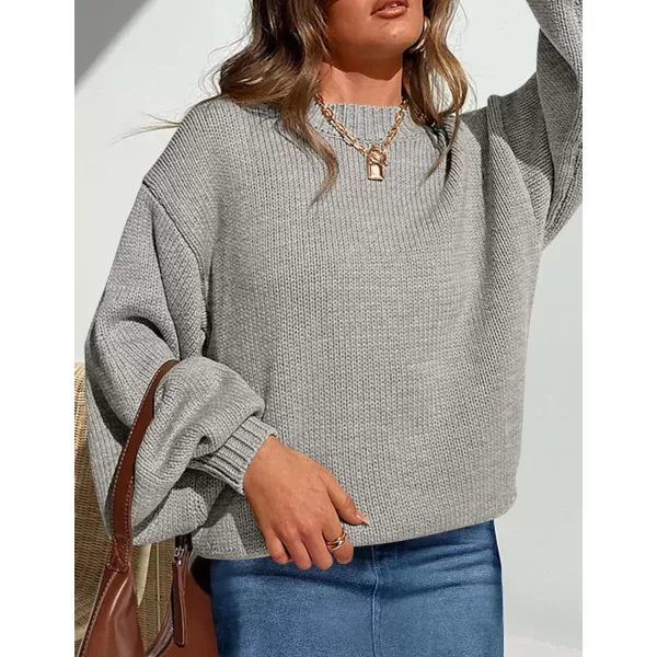 imagePRETTYGARDEN Womens 2024 Fall Chunky Knit Sweater Casual Long Lantern Sleeve Crewneck Pullover Jumper TopsGrey