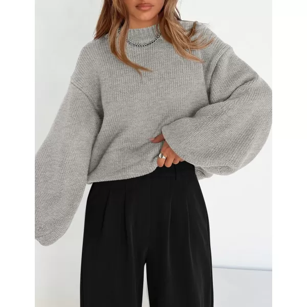 imagePRETTYGARDEN Womens 2024 Fall Chunky Knit Sweater Casual Long Lantern Sleeve Crewneck Pullover Jumper TopsGrey