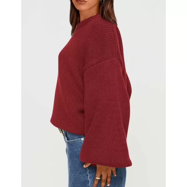 imagePRETTYGARDEN Womens 2024 Fall Chunky Knit Sweater Casual Long Lantern Sleeve Crewneck Pullover Jumper TopsWine Red