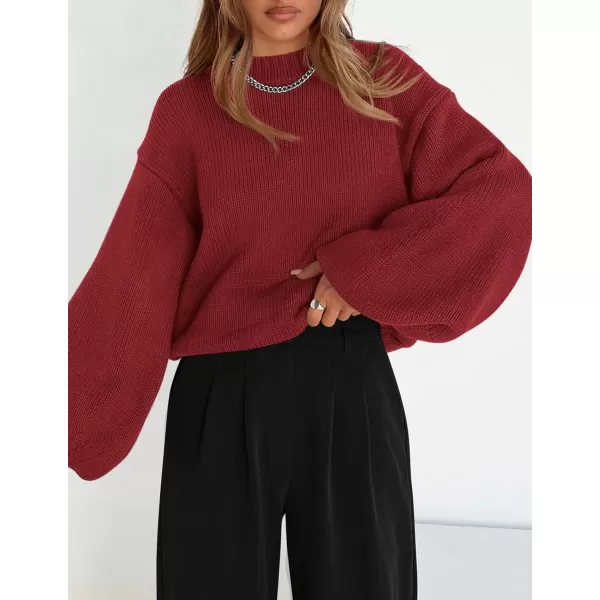 imagePRETTYGARDEN Womens 2024 Fall Chunky Knit Sweater Casual Long Lantern Sleeve Crewneck Pullover Jumper TopsWine Red