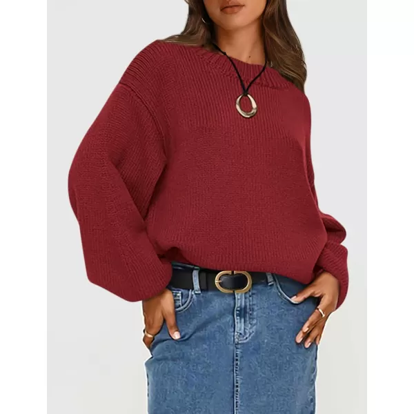 imagePRETTYGARDEN Womens 2024 Fall Chunky Knit Sweater Casual Long Lantern Sleeve Crewneck Pullover Jumper TopsWine Red