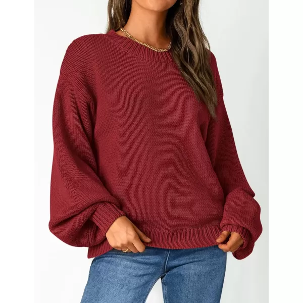 imagePRETTYGARDEN Womens 2024 Fall Chunky Knit Sweater Casual Long Lantern Sleeve Crewneck Pullover Jumper TopsWine Red