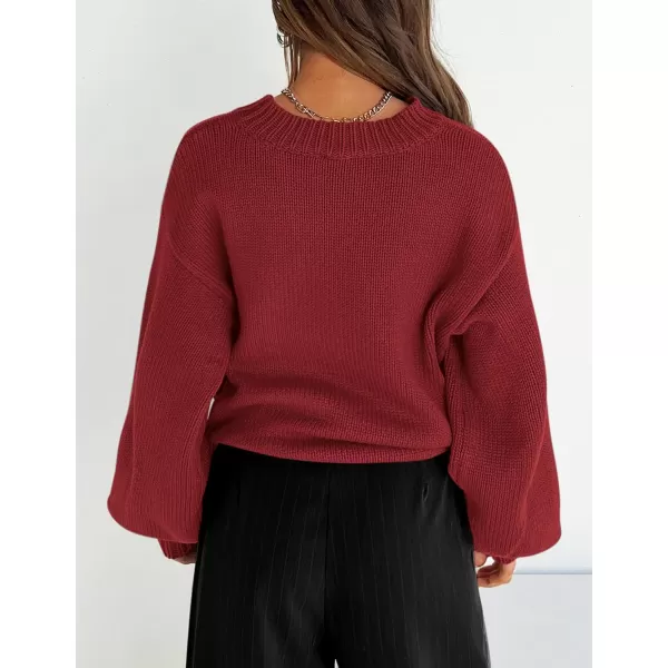 imagePRETTYGARDEN Womens 2024 Fall Chunky Knit Sweater Casual Long Lantern Sleeve Crewneck Pullover Jumper TopsWine Red
