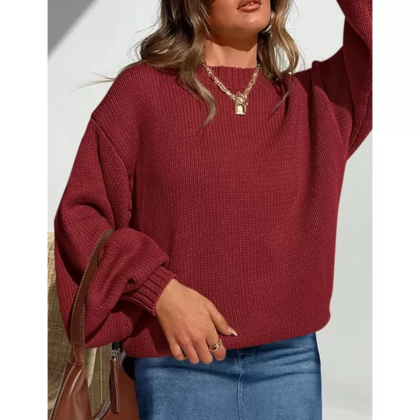 imagePRETTYGARDEN Womens 2024 Fall Chunky Knit Sweater Casual Long Lantern Sleeve Crewneck Pullover Jumper TopsWine Red