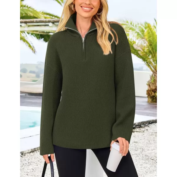 imagePRETTYGARDEN Womens 2024 Fall Chunky Knit Sweaters Long Sleeve Collared Quarter Zip Pullover Jumper TopsArmy Green