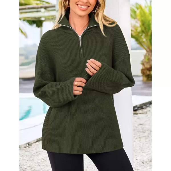 imagePRETTYGARDEN Womens 2024 Fall Chunky Knit Sweaters Long Sleeve Collared Quarter Zip Pullover Jumper TopsArmy Green
