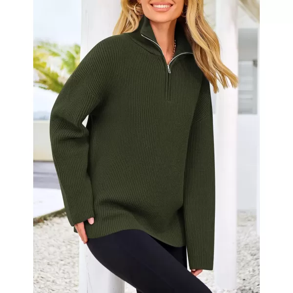 imagePRETTYGARDEN Womens 2024 Fall Chunky Knit Sweaters Long Sleeve Collared Quarter Zip Pullover Jumper TopsArmy Green