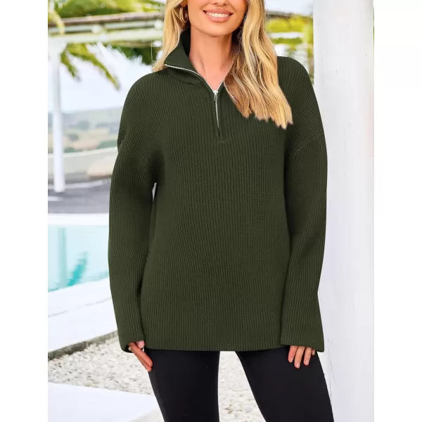 imagePRETTYGARDEN Womens 2024 Fall Chunky Knit Sweaters Long Sleeve Collared Quarter Zip Pullover Jumper TopsArmy Green