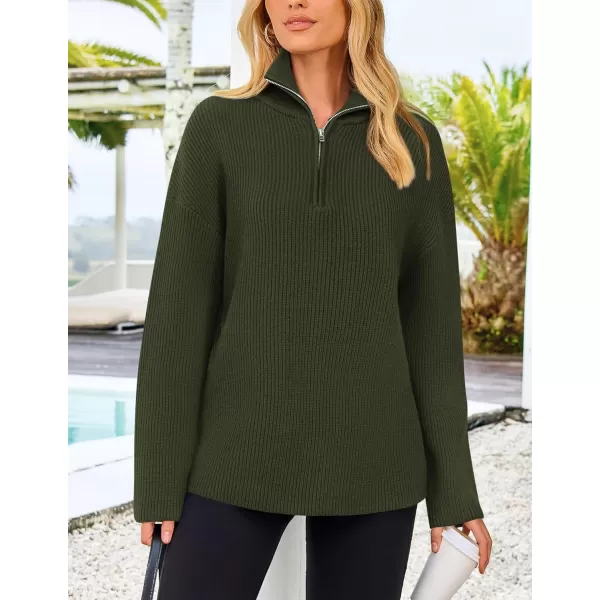 imagePRETTYGARDEN Womens 2024 Fall Chunky Knit Sweaters Long Sleeve Collared Quarter Zip Pullover Jumper TopsArmy Green