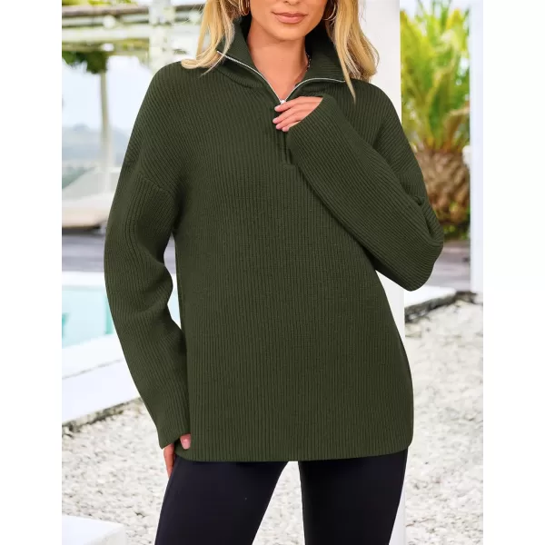 imagePRETTYGARDEN Womens 2024 Fall Chunky Knit Sweaters Long Sleeve Collared Quarter Zip Pullover Jumper TopsArmy Green