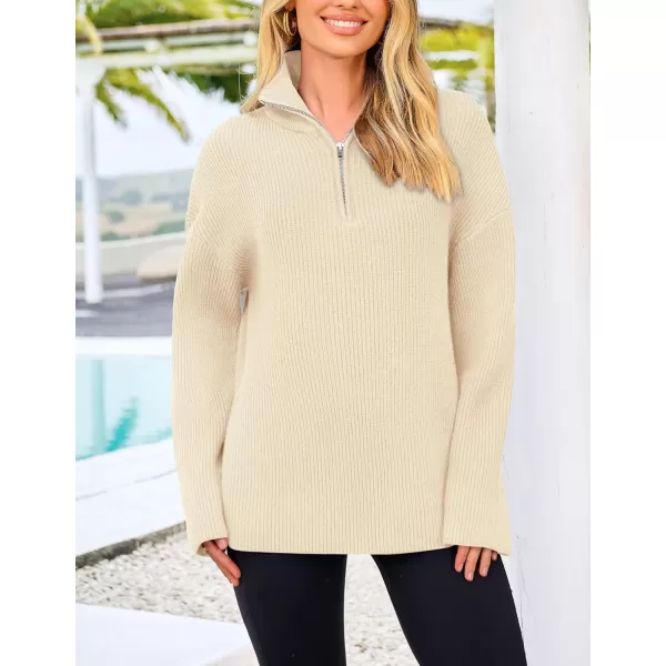 imagePRETTYGARDEN Womens 2024 Fall Chunky Knit Sweaters Long Sleeve Collared Quarter Zip Pullover Jumper TopsBeige