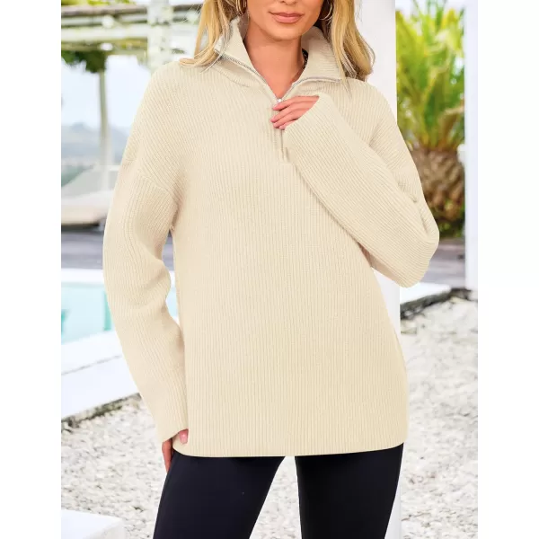 imagePRETTYGARDEN Womens 2024 Fall Chunky Knit Sweaters Long Sleeve Collared Quarter Zip Pullover Jumper TopsBeige