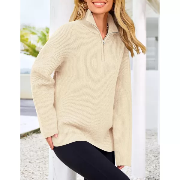 imagePRETTYGARDEN Womens 2024 Fall Chunky Knit Sweaters Long Sleeve Collared Quarter Zip Pullover Jumper TopsBeige