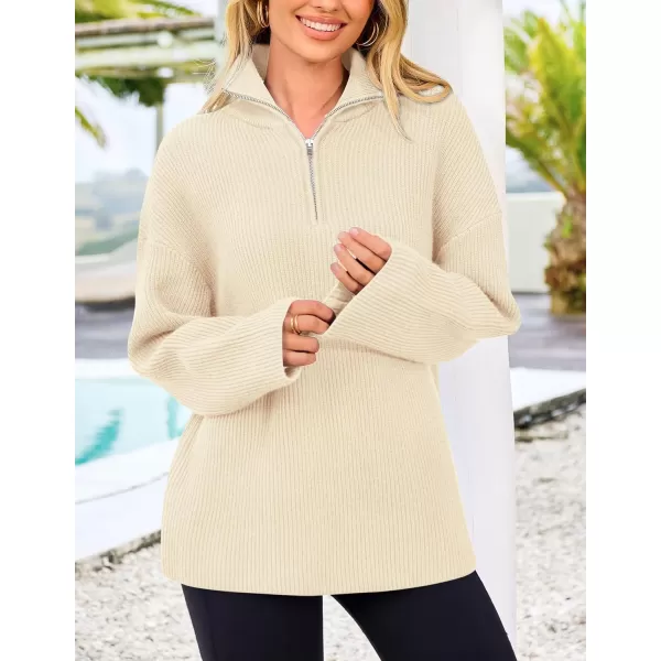 imagePRETTYGARDEN Womens 2024 Fall Chunky Knit Sweaters Long Sleeve Collared Quarter Zip Pullover Jumper TopsBeige