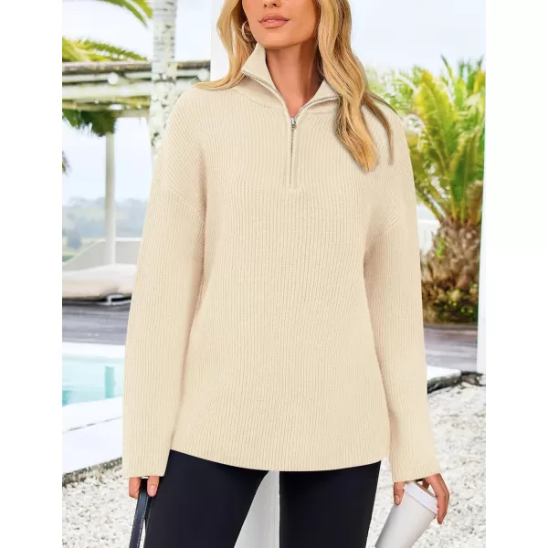 imagePRETTYGARDEN Womens 2024 Fall Chunky Knit Sweaters Long Sleeve Collared Quarter Zip Pullover Jumper TopsBeige