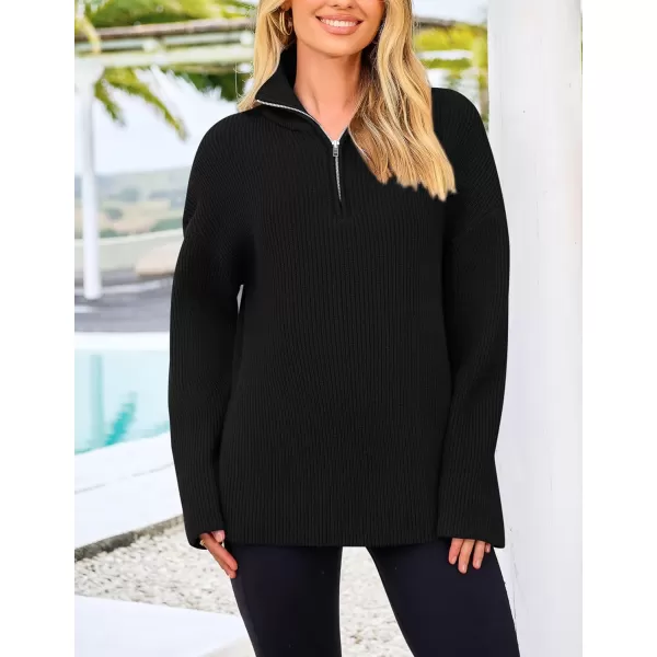 imagePRETTYGARDEN Womens 2024 Fall Chunky Knit Sweaters Long Sleeve Collared Quarter Zip Pullover Jumper TopsBlack