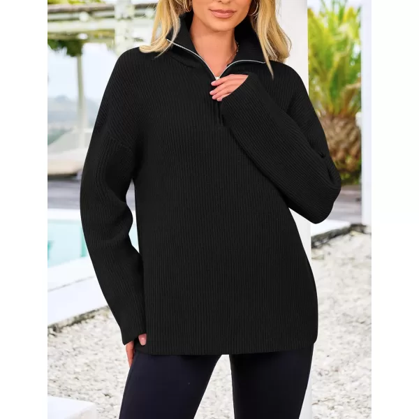 imagePRETTYGARDEN Womens 2024 Fall Chunky Knit Sweaters Long Sleeve Collared Quarter Zip Pullover Jumper TopsBlack