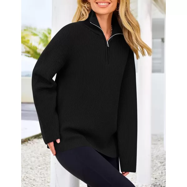 imagePRETTYGARDEN Womens 2024 Fall Chunky Knit Sweaters Long Sleeve Collared Quarter Zip Pullover Jumper TopsBlack