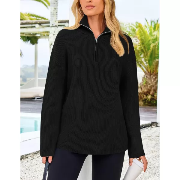 imagePRETTYGARDEN Womens 2024 Fall Chunky Knit Sweaters Long Sleeve Collared Quarter Zip Pullover Jumper TopsBlack