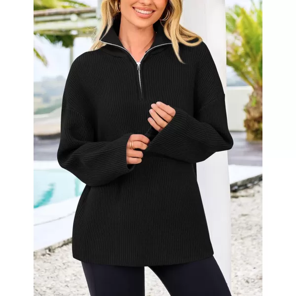imagePRETTYGARDEN Womens 2024 Fall Chunky Knit Sweaters Long Sleeve Collared Quarter Zip Pullover Jumper TopsBlack