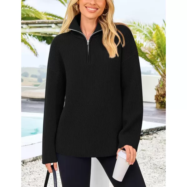 imagePRETTYGARDEN Womens 2024 Fall Chunky Knit Sweaters Long Sleeve Collared Quarter Zip Pullover Jumper TopsBlack