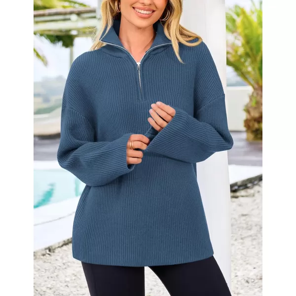 imagePRETTYGARDEN Womens 2024 Fall Chunky Knit Sweaters Long Sleeve Collared Quarter Zip Pullover Jumper TopsBlue