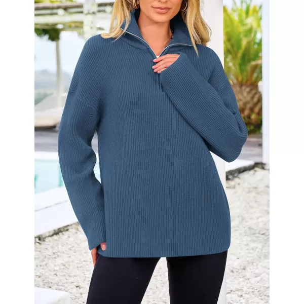 imagePRETTYGARDEN Womens 2024 Fall Chunky Knit Sweaters Long Sleeve Collared Quarter Zip Pullover Jumper TopsBlue