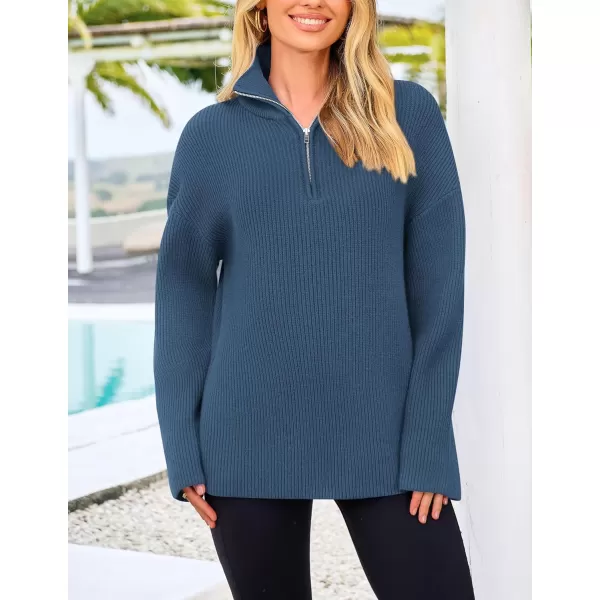 imagePRETTYGARDEN Womens 2024 Fall Chunky Knit Sweaters Long Sleeve Collared Quarter Zip Pullover Jumper TopsBlue