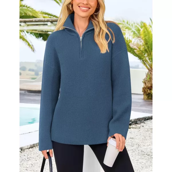 imagePRETTYGARDEN Womens 2024 Fall Chunky Knit Sweaters Long Sleeve Collared Quarter Zip Pullover Jumper TopsBlue