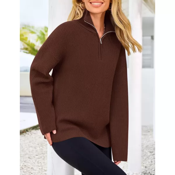 imagePRETTYGARDEN Womens 2024 Fall Chunky Knit Sweaters Long Sleeve Collared Quarter Zip Pullover Jumper TopsCoffee
