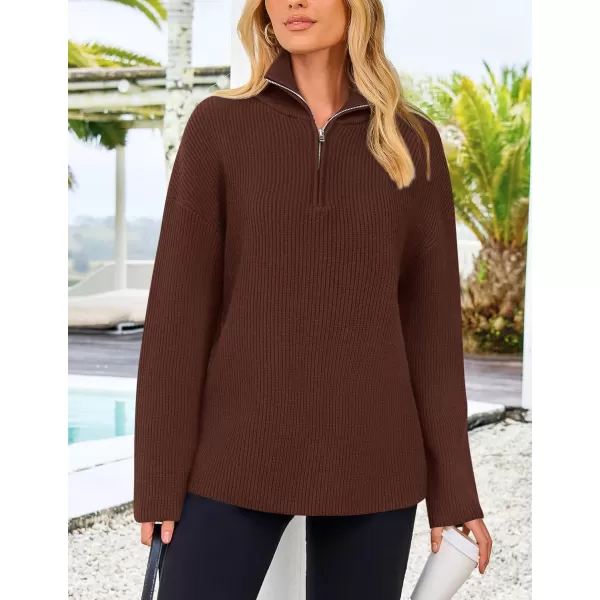 imagePRETTYGARDEN Womens 2024 Fall Chunky Knit Sweaters Long Sleeve Collared Quarter Zip Pullover Jumper TopsCoffee