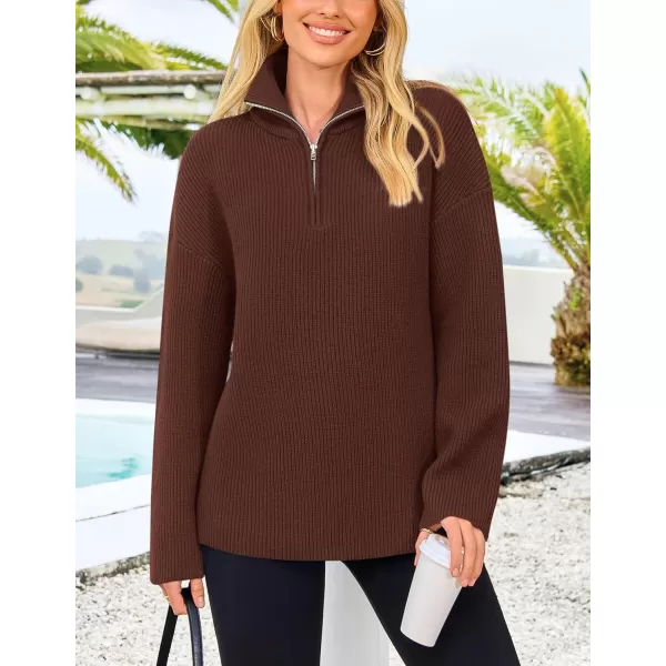 imagePRETTYGARDEN Womens 2024 Fall Chunky Knit Sweaters Long Sleeve Collared Quarter Zip Pullover Jumper TopsCoffee