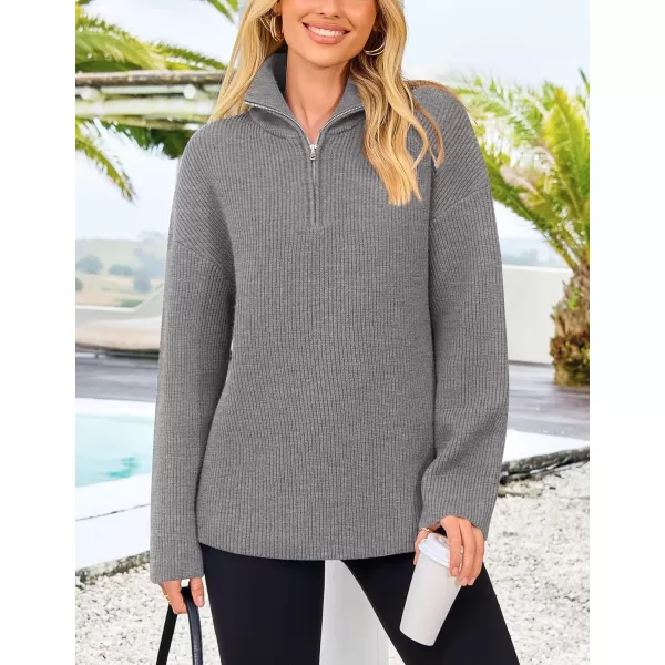 imagePRETTYGARDEN Womens 2024 Fall Chunky Knit Sweaters Long Sleeve Collared Quarter Zip Pullover Jumper TopsGrey