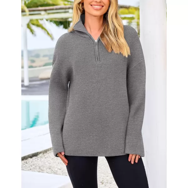imagePRETTYGARDEN Womens 2024 Fall Chunky Knit Sweaters Long Sleeve Collared Quarter Zip Pullover Jumper TopsGrey