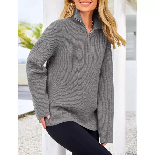 imagePRETTYGARDEN Womens 2024 Fall Chunky Knit Sweaters Long Sleeve Collared Quarter Zip Pullover Jumper TopsGrey