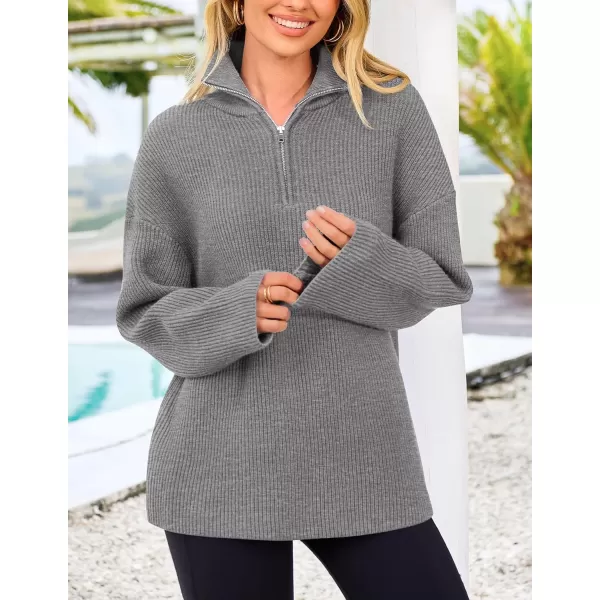 imagePRETTYGARDEN Womens 2024 Fall Chunky Knit Sweaters Long Sleeve Collared Quarter Zip Pullover Jumper TopsGrey